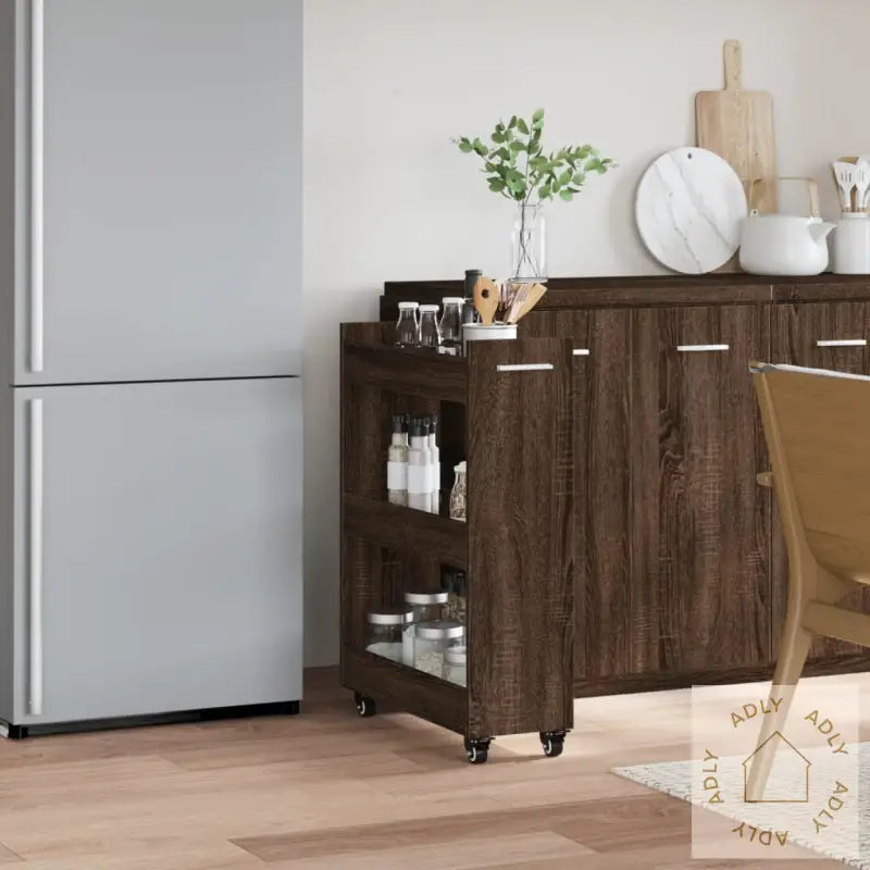 Sidebord Med Hjul Brun Eik 60X22X79 Cm Konstruert Tre