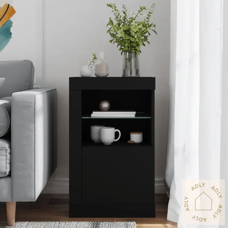 Sideskap Med Led-Lys Svart Konstruert Tre