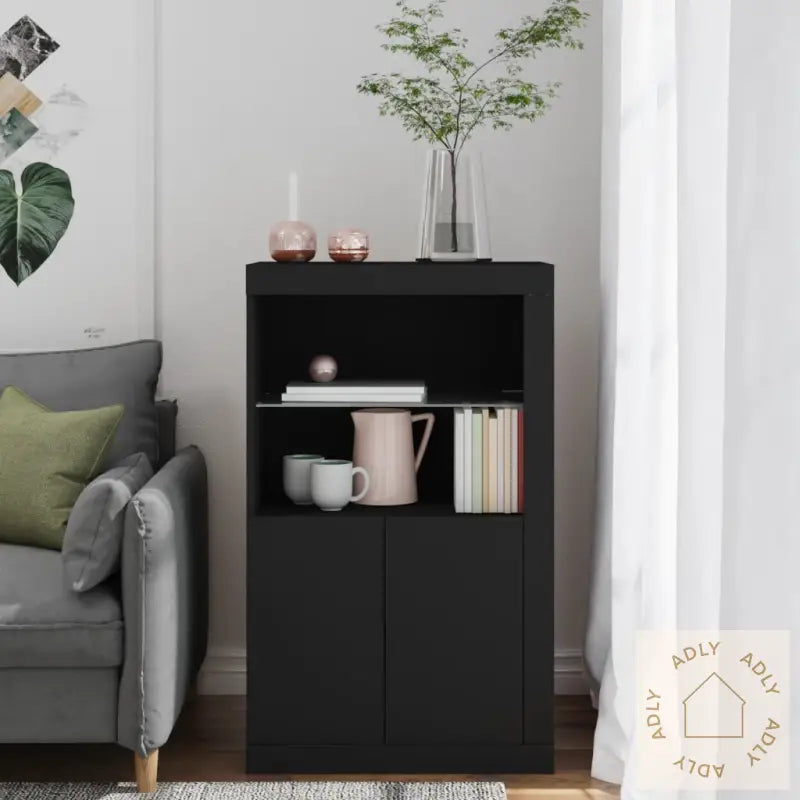 Sideskap Med Led-Lys Svart Konstruert Tre