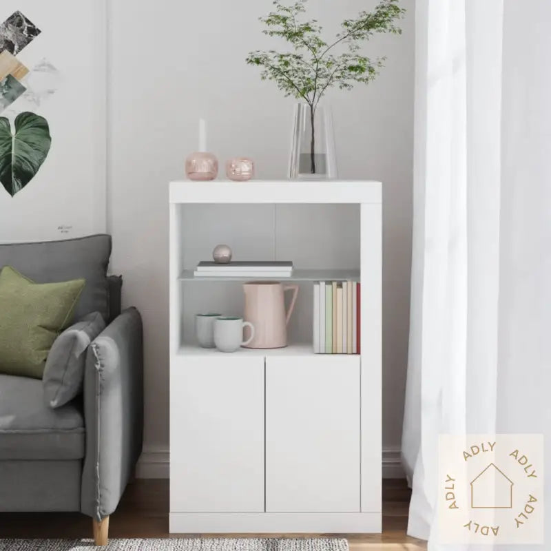 Sideskap Med Led-Lys Hvit Konstruert Tre