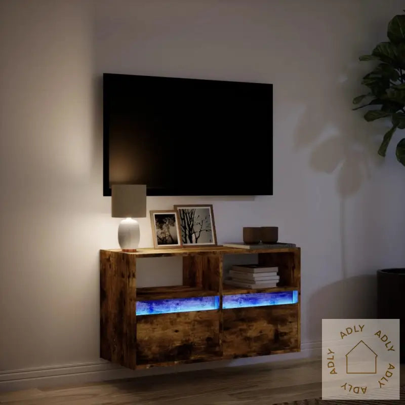 Vegghengt Tv-Benk Med Led Røkt Eik 80X31X45 Cm