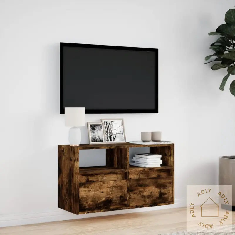 Vegghengt Tv-Benk Med Led Røkt Eik 80X31X45 Cm