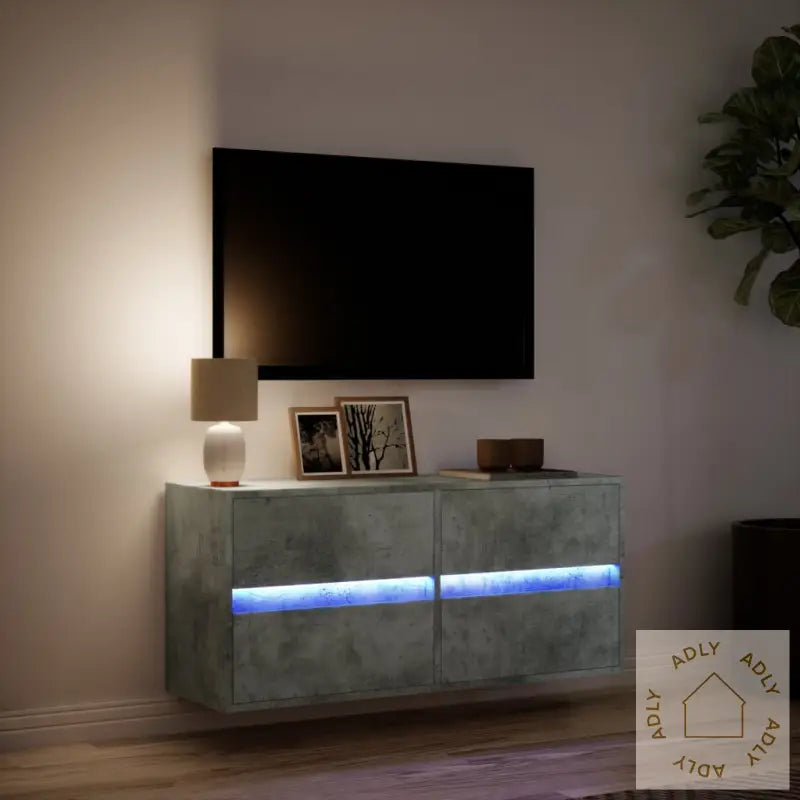 Vegghengt Tv-Benk Med Led-Lys Betonggrå 100X31X45 Cm