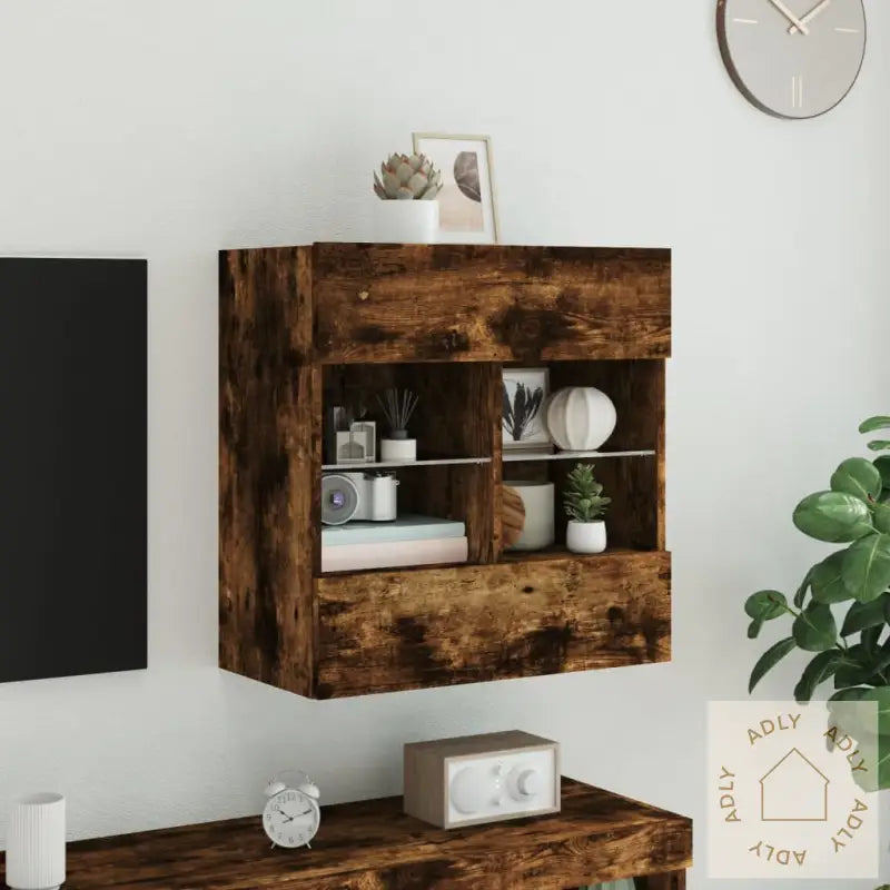 Vegghengt Tv-Benk Med Led-Lys Røkt Eik 58,5X30X60,5 Cm