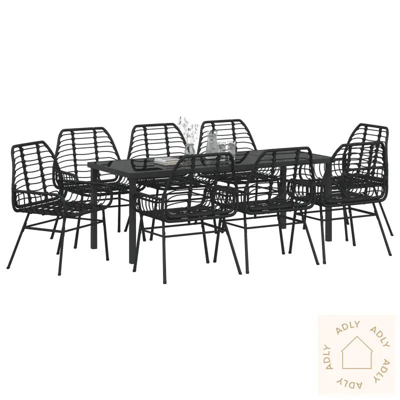 9-Delt Hage Spisebord Svart Poly Rattan