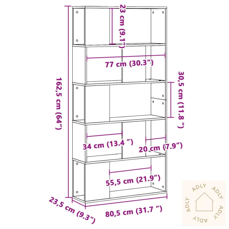 Bokhylle 5 Etasjer Betonggrå 80,5X23,5X162,5 Cm Konstruert Tre