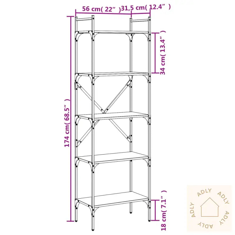 Bokhylle 5 Etasjer Røkt Eik 56X31,5X174 Cm Konstruert Tre