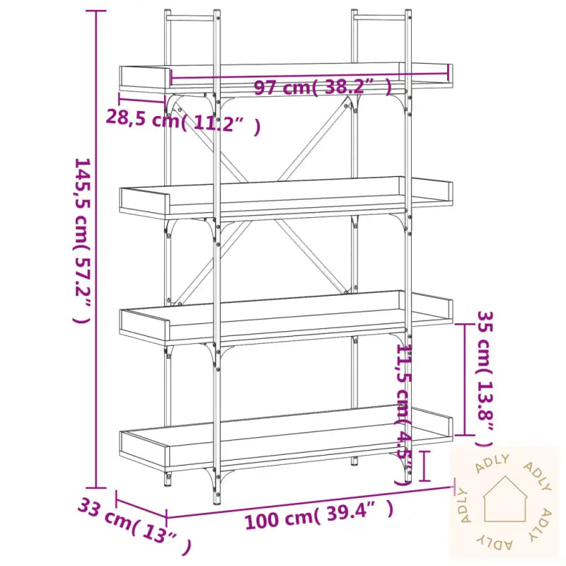 Bokhylle 4 Etasjer Røkt Eik 100X33X145,5 Cm Konstruert Tre