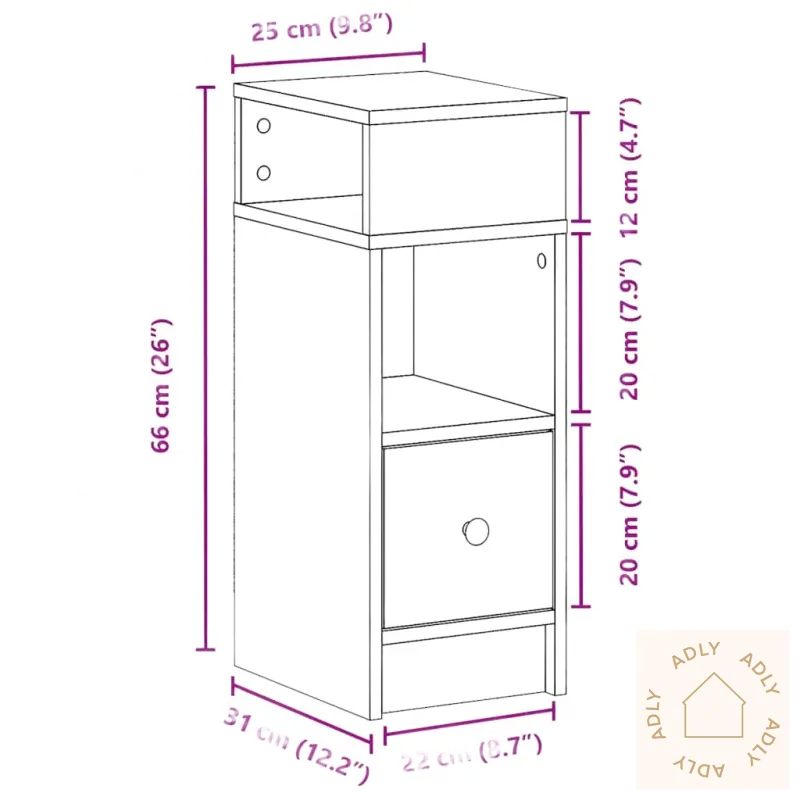 Tall smal skap med mål for praktisk nattbord med moderne design og oppbevaring