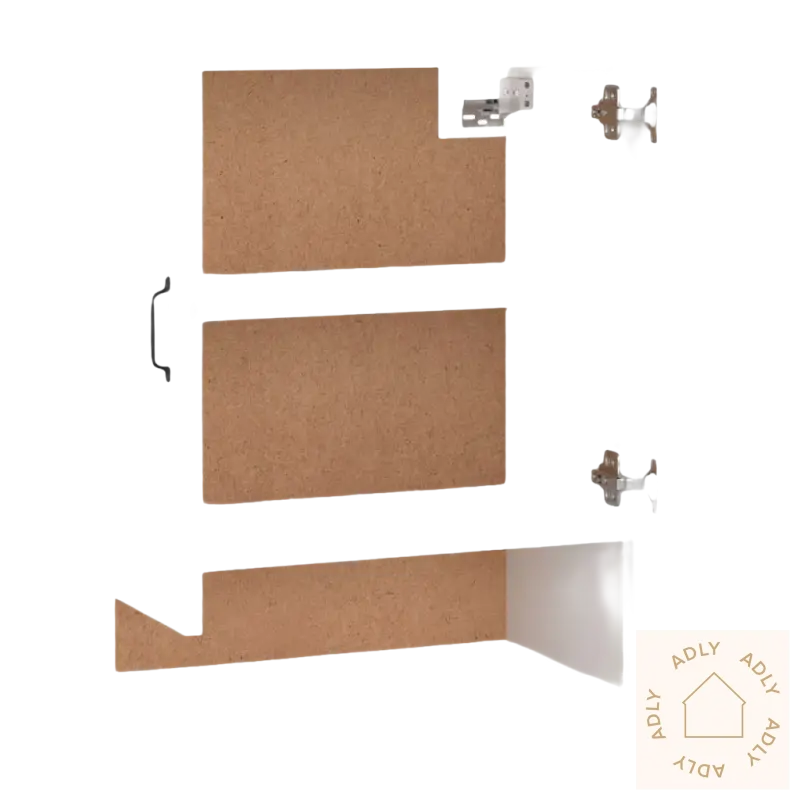 Hvitt praktisk oppbevaringsskap i solid treverk med stående hyller på veggen