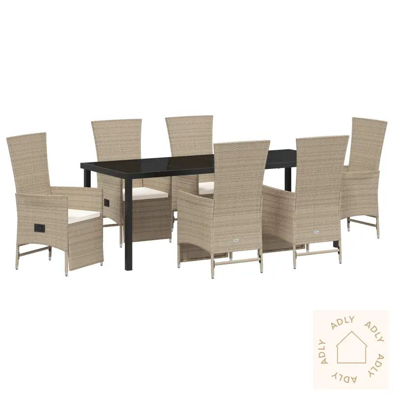 7-Delt Hage Spisebordsett Med Puter Beige Poly Rattan