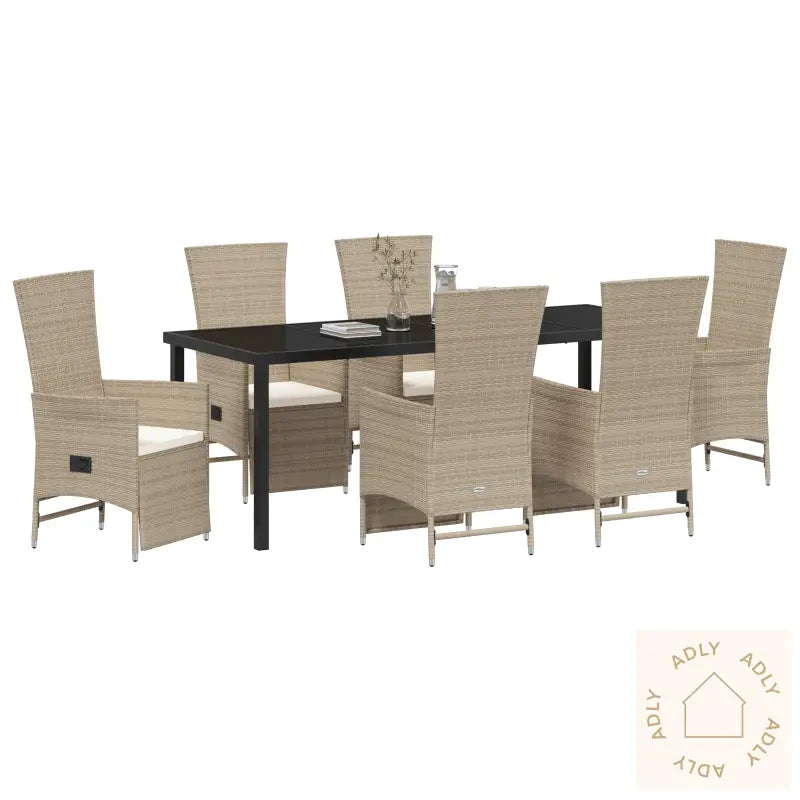 7-Delt Hage Spisebordsett Med Puter Beige Poly Rattan