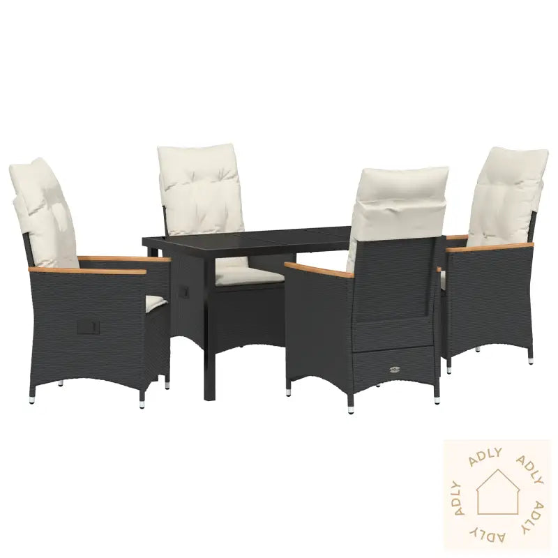 5-Delt Hage Spise Set Med Puter Svart Poly Rattan