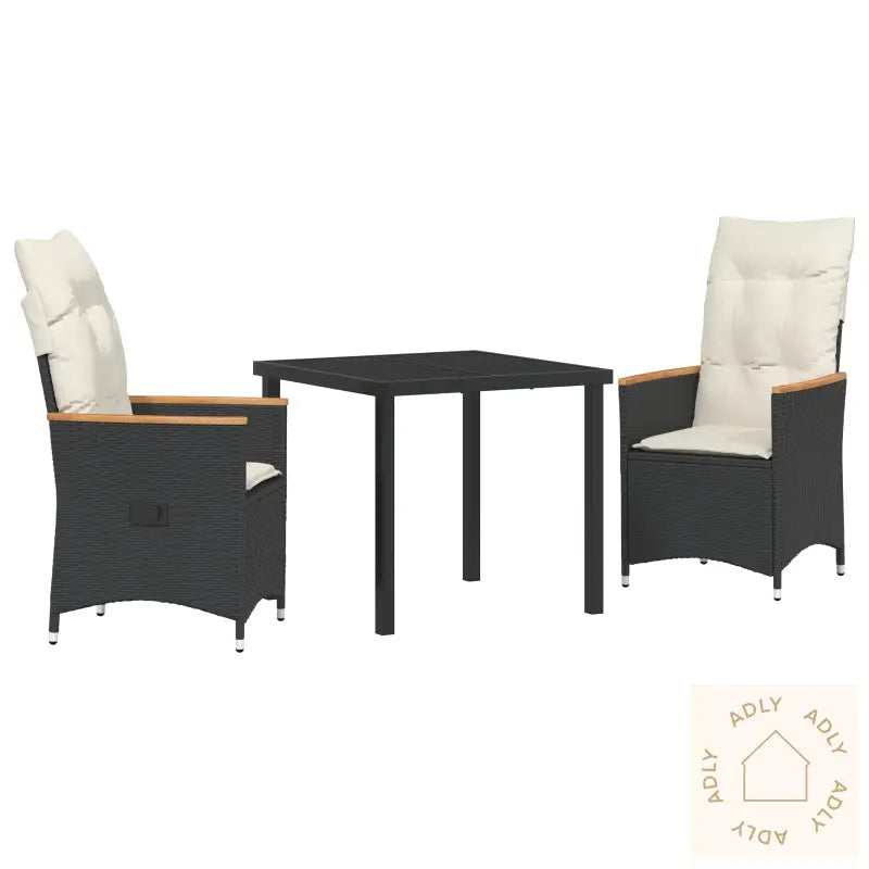 3-Delt Hage Spisebord Set Med Puter Svart Poly Rattan