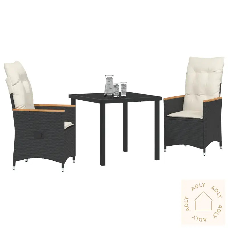 3-Delt Hage Spisebord Set Med Puter Svart Poly Rattan