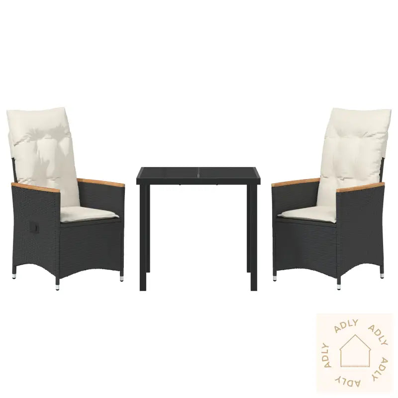 3-Delt Hage Spisebord Set Med Puter Svart Poly Rattan