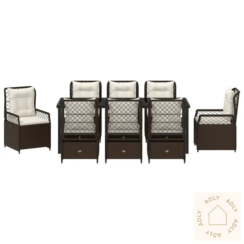 9-Delt Hage Spisestue Set Brun Poly Rattan