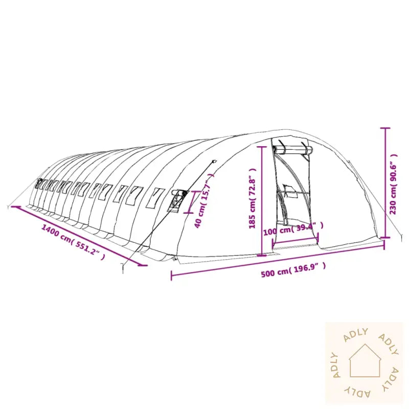 Drivhus Med Stålramme Grønn 70 M² 14X5X2,3 M