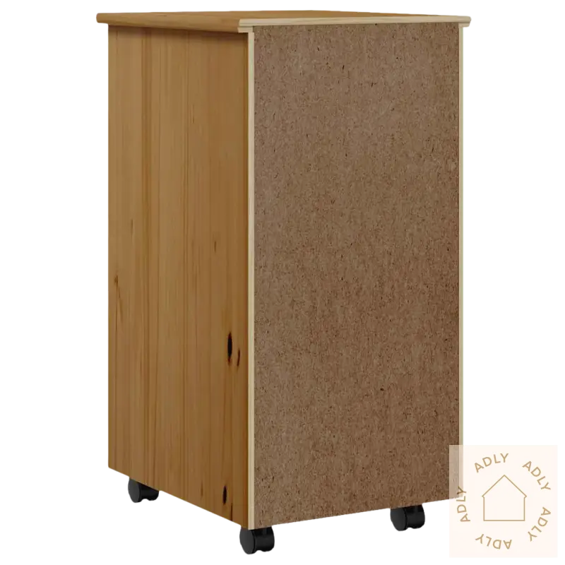 Wooden wheelskap i heltre furu med skuffmål, perfekt for oppbevaring og hagemøbler