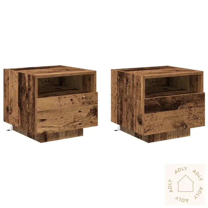 Nattbord Med Led-Lys 2 Stk Gammelt Tre 40X39X37 Cm