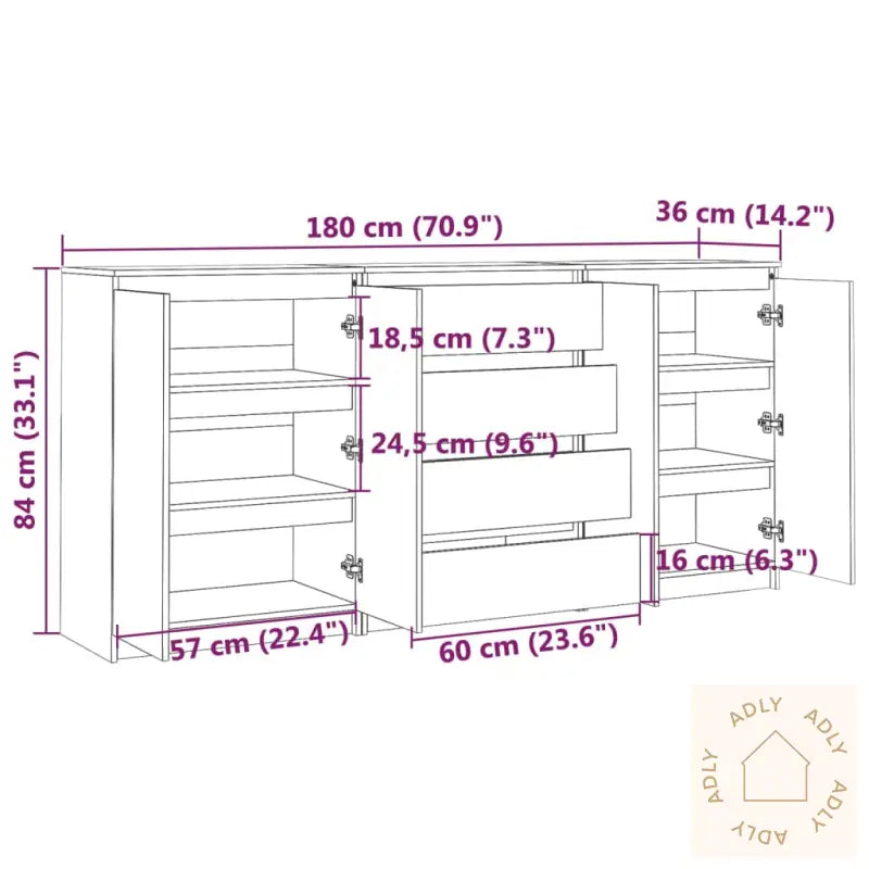 Sideskap 3 Stk Hvit Heltre Furu