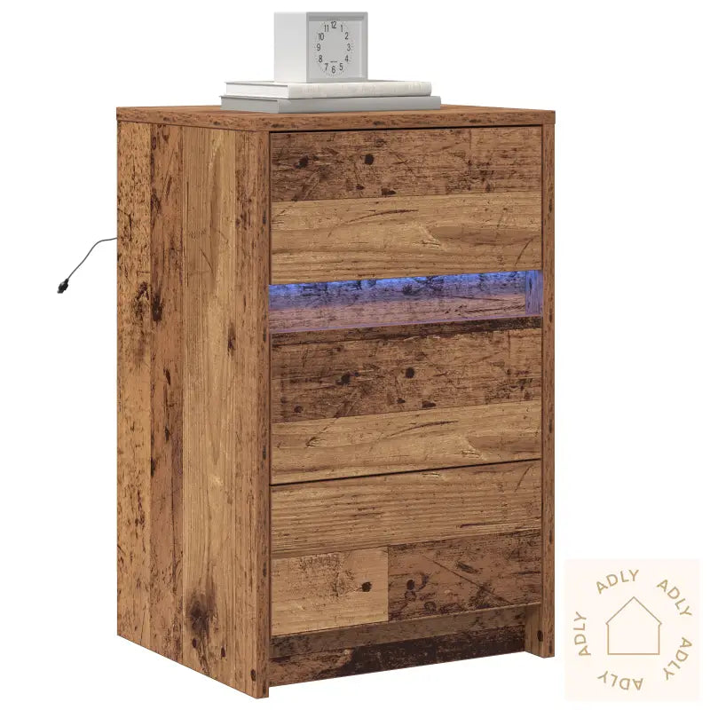 Nattbord Med Led-Lys I Gammelt Tre