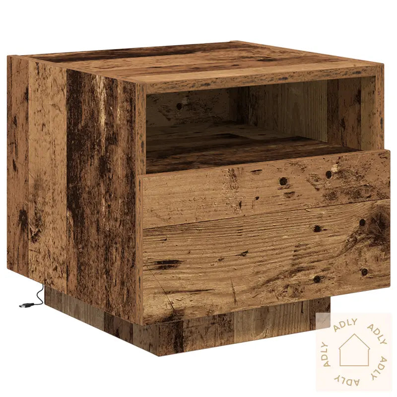 Nattbord Med Led-Lamper I Gammelt Tre 40X39X37 Cm