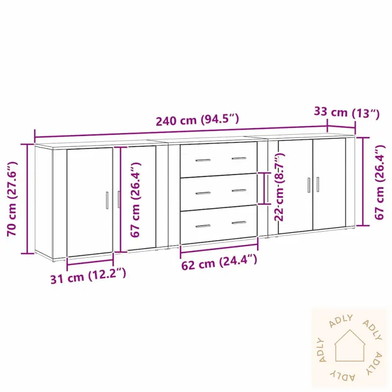 Sideboards 3 Stk Svart Eik Konstruert Tre