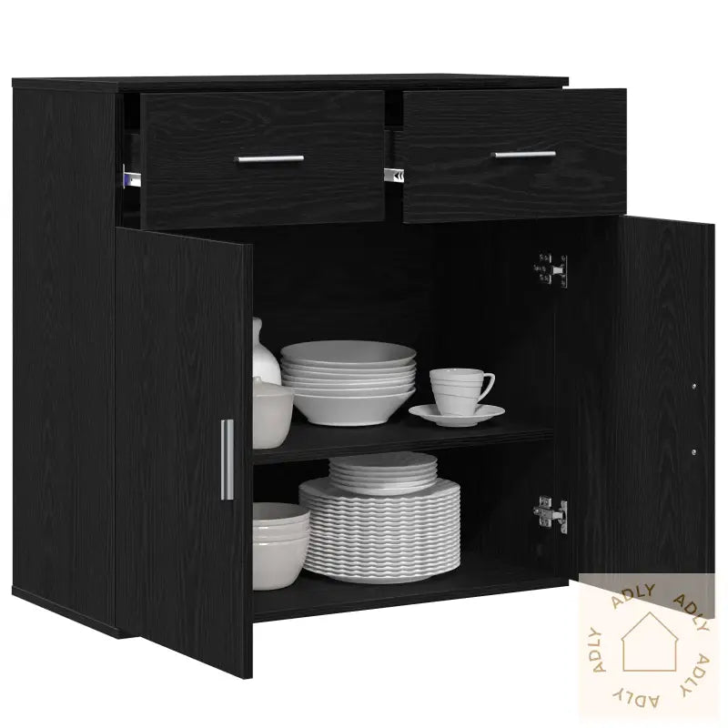 Serviesskap Med Skuff Med Hylle Svart Eik 79 X 38 X 80 Cm Konstruert Tre