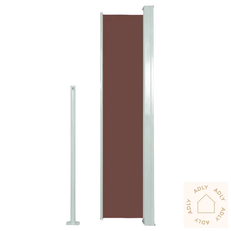 Retraktibel brun privatlivsseil med hvit ramme for hage perfekt og hagemøbler