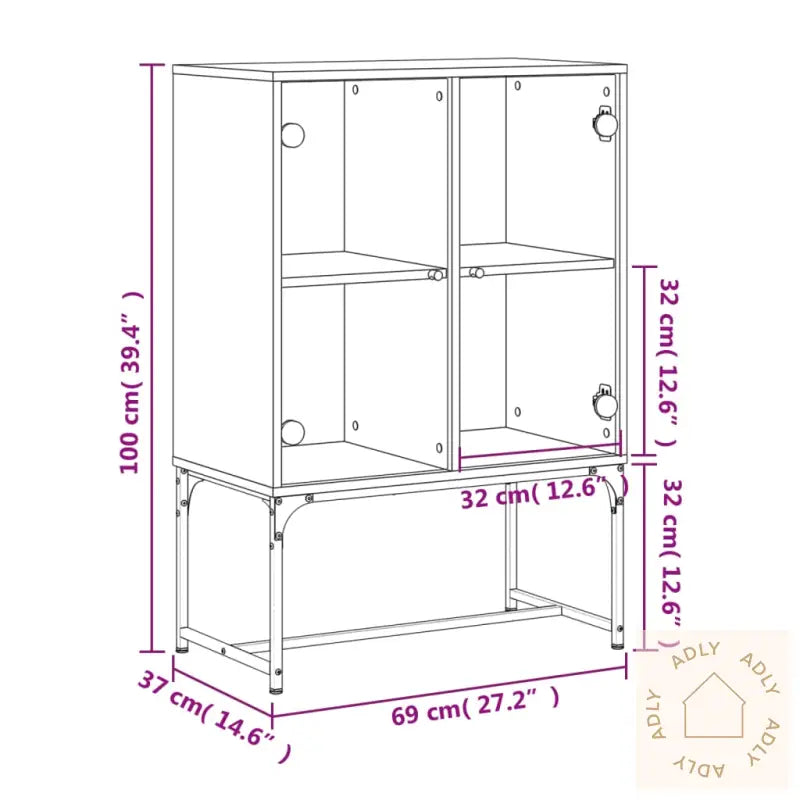 Sideskap Med Glassdører Betonggrå 69X37X100 Cm