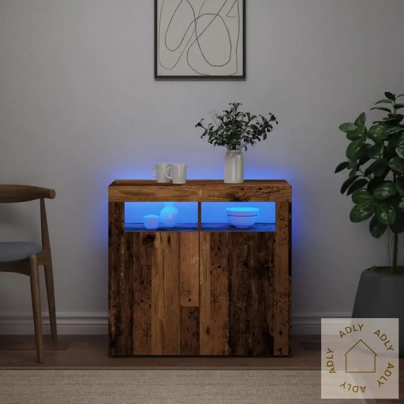 Skjenk Med Led-Lys Gammelt Tre 80X35X75 Cm Konstruert Tre