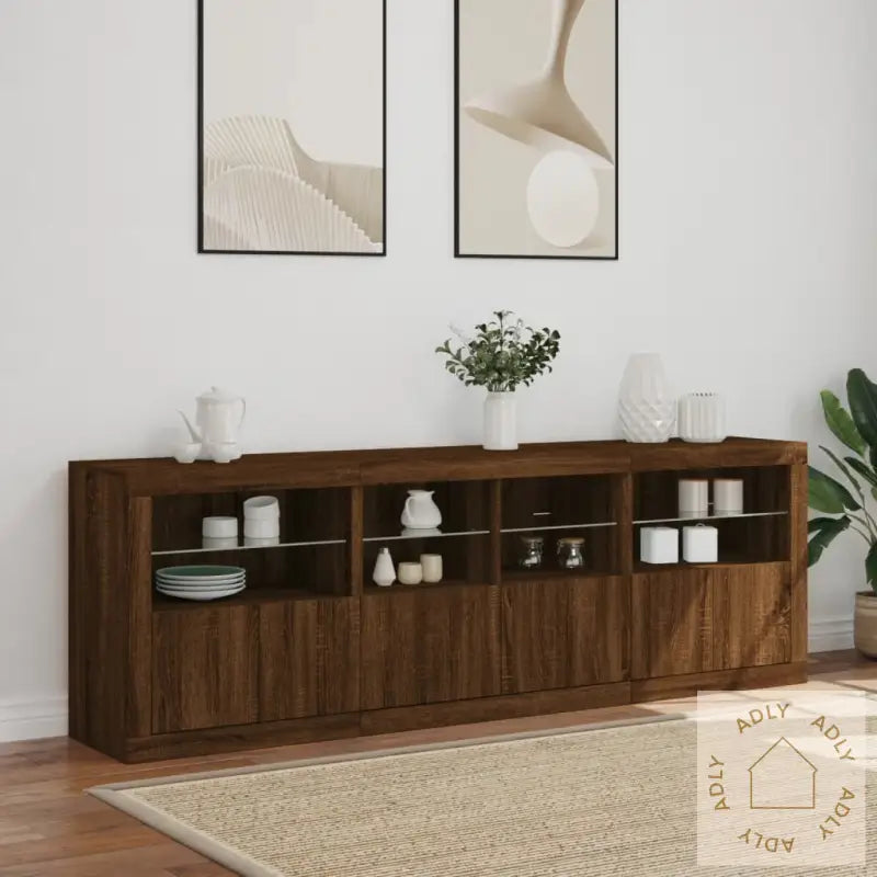 Skjenk Med Led-Lys Brun Eik 202X37X67 Cm