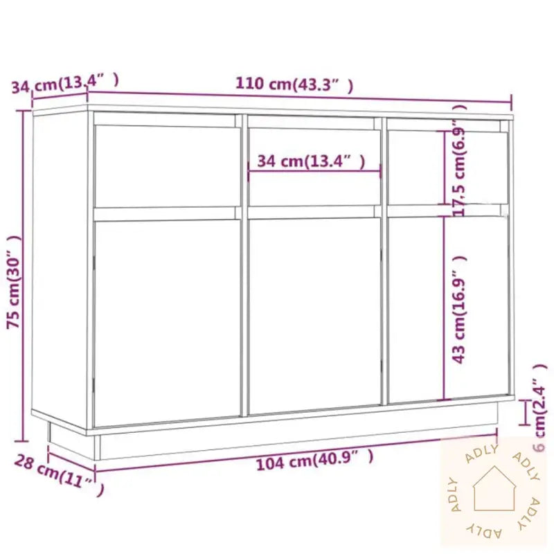 Skjenk Hvit 110X34X75 Cm Heltre Furu
