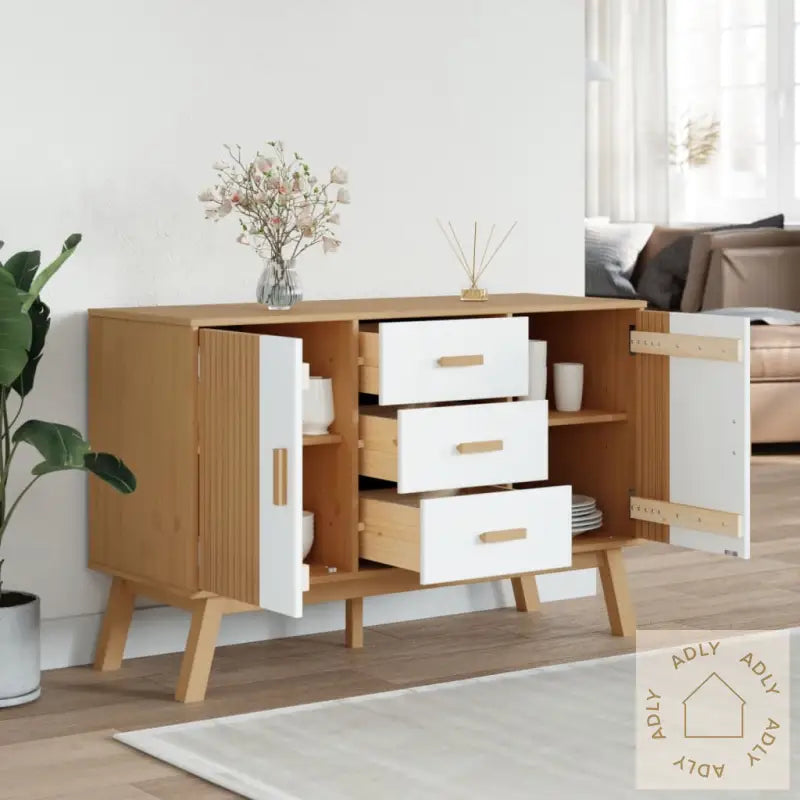 Skjenk Olden Hvit Og Brun 114X43X73,5 Cm Heltre Furu