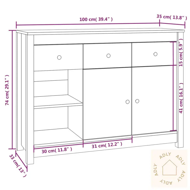 Skjenk Hvit 100X35X74 Cm Heltre Furu