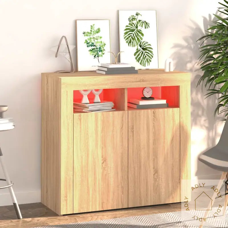 Skjenk Med Led-Lys Sonoma Eik 80X35X75 Cm