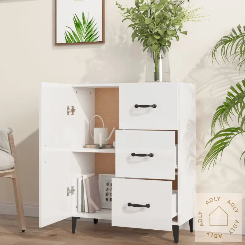 Skjenk Høyglans Hvit 69,5X34X90 Cm Konstruert Tre