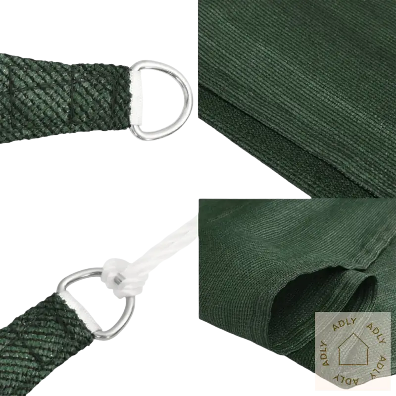 Detalj av skyggefullt HDPE-solseil i mørkegrønn for hagemøbler og uteplassen