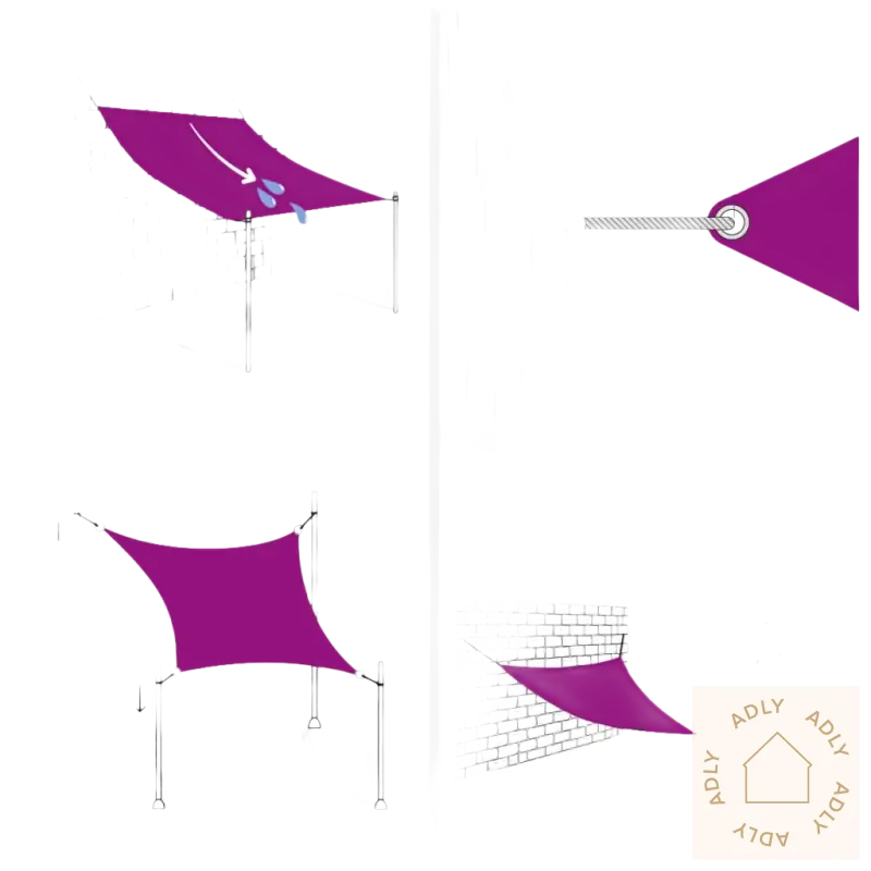 Purple shade sail installasjonsdiagram for skyggefullt HDPE-solseil til hagemøbler