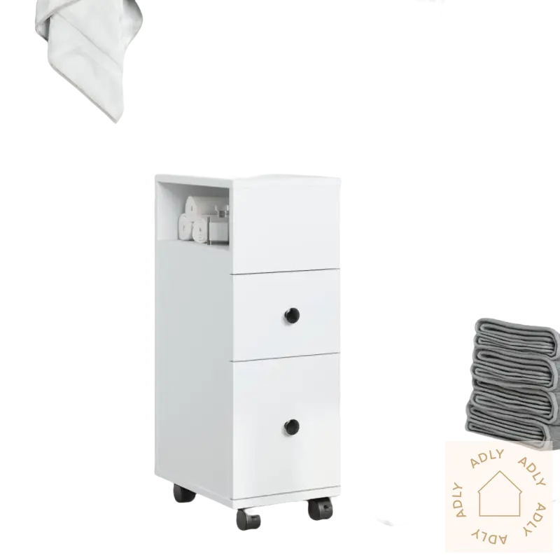 White rolling storage cabinet for slanke baderomsskapet og praktisk oppbevaring