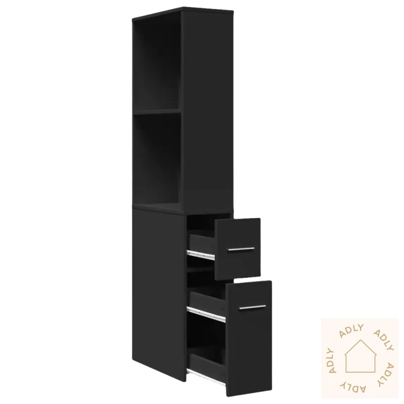 Black storage cabinet with shelves and drawers for smale baderomsskapet og praktisk oppbevaring