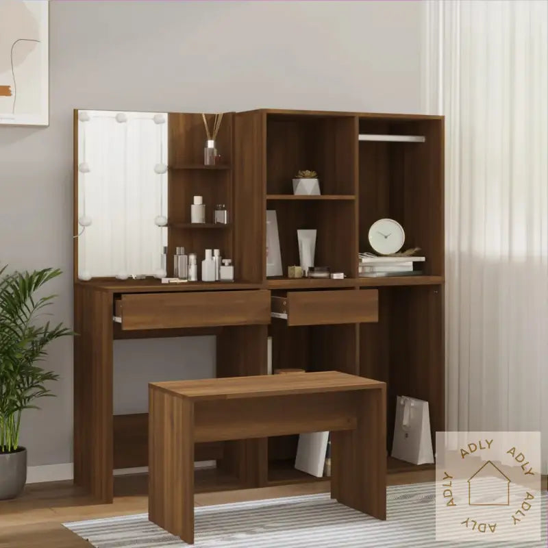 Sminkebordsett Med Led Brun Eik Konstruert Tre