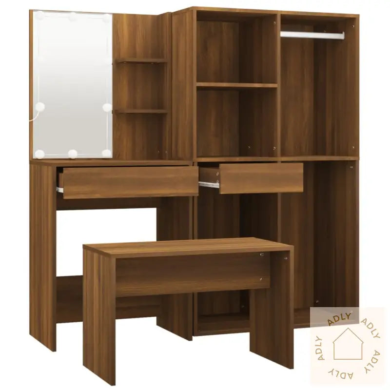 Sminkebordsett Med Led Brun Eik Konstruert Tre