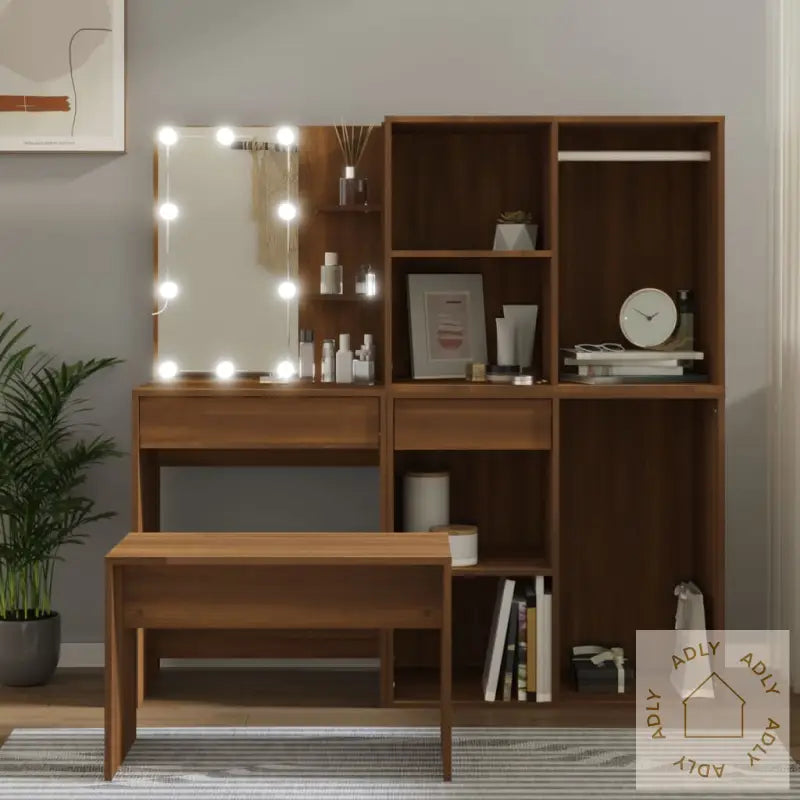 Sminkebordsett Med Led Brun Eik Konstruert Tre