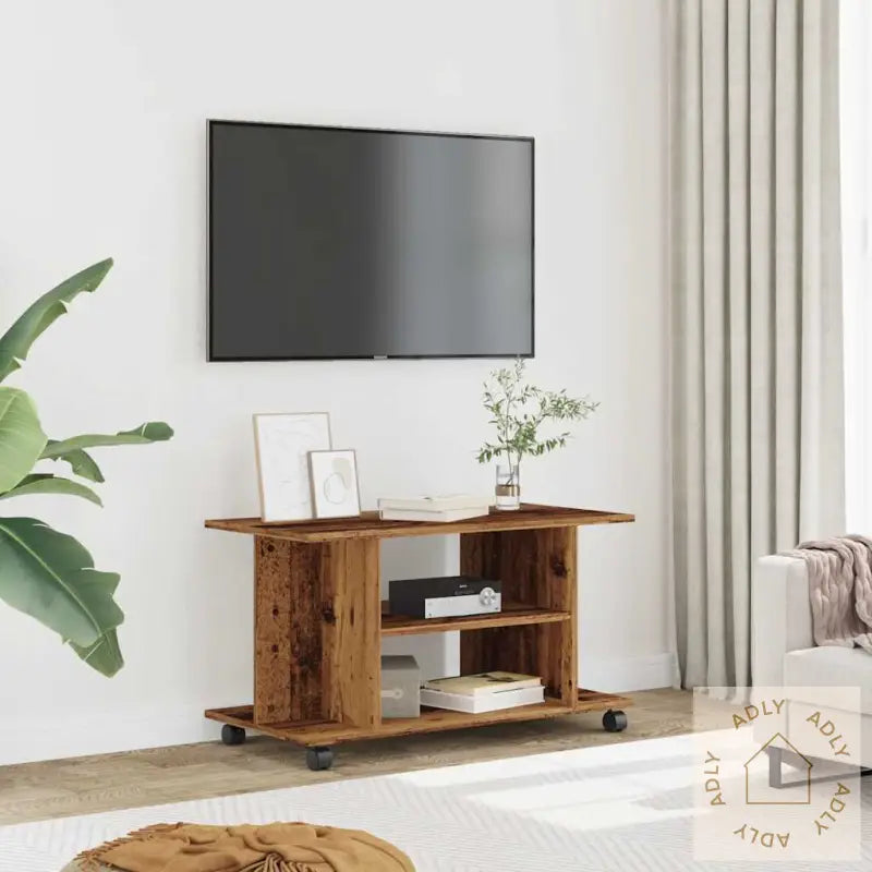 Tv-Benk Med Hjul Gammelt Tre 80X40X45 Cm Konstruert Tre