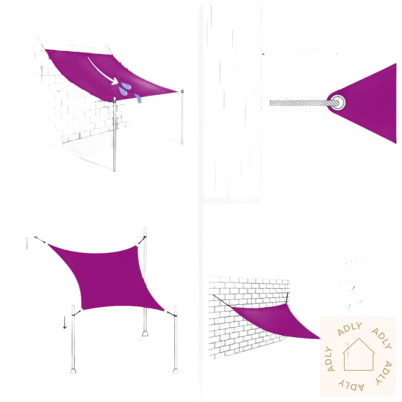 Bildet viser installasjonsdiagram for lilla solseil i høykvalitets HDPE med rustfritt stål