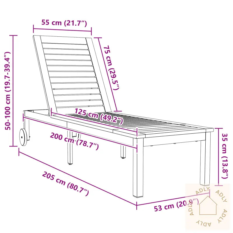 Solseng Med Hjul 207X58X35 Cm Solid Akasietre Og Rustfritt Stål