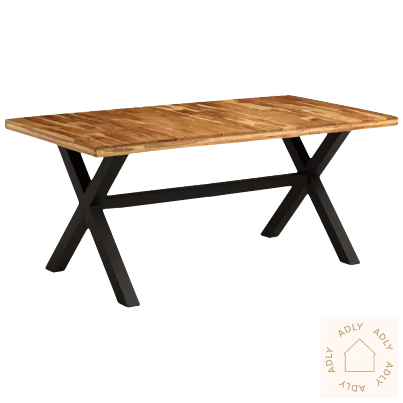 Rectangular heltre akasie spisebord med pulverlakkerte stålben, perfekt som hagemøbler