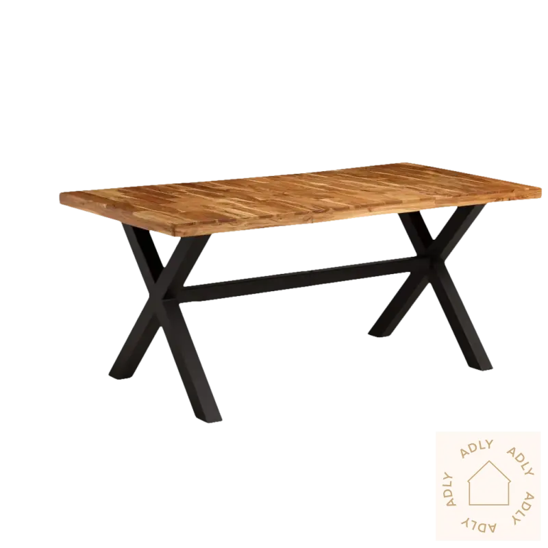 Rectangular heltre akasie spisebord med pulverlakkerte stålben, perfekt til hagemøbler